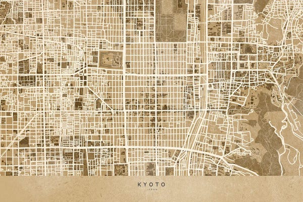 Vintage & Retro: Sepia Vintage Map Of Kyoto Japan by blursbyai