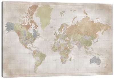 Highly Detailed World Map Canvas Art Print - Art by Hispanic & Latin American Artists