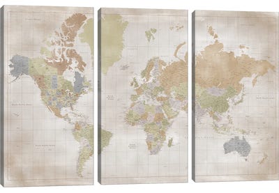 Highly Detailed World Map Canvas Art Print - 3-Piece Map Art