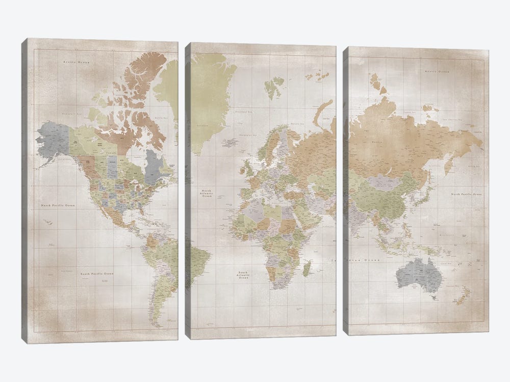 Highly Detailed World Map by blursbyai 3-piece Canvas Art