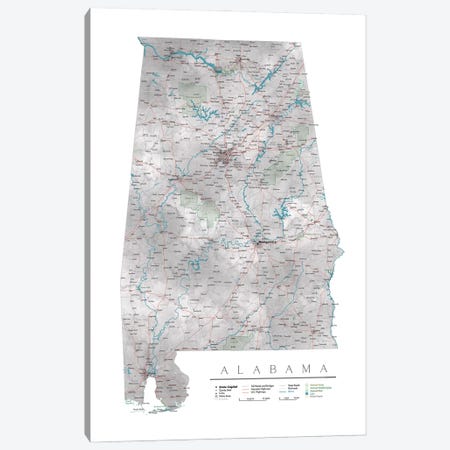 Detailed Map Of Alabama Canvas Print #RLZ459} by blursbyai Canvas Wall Art