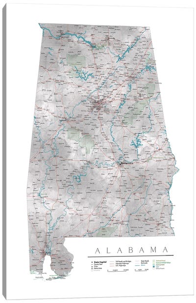 Detailed Map Of Alabama Canvas Art Print - Alabama Art