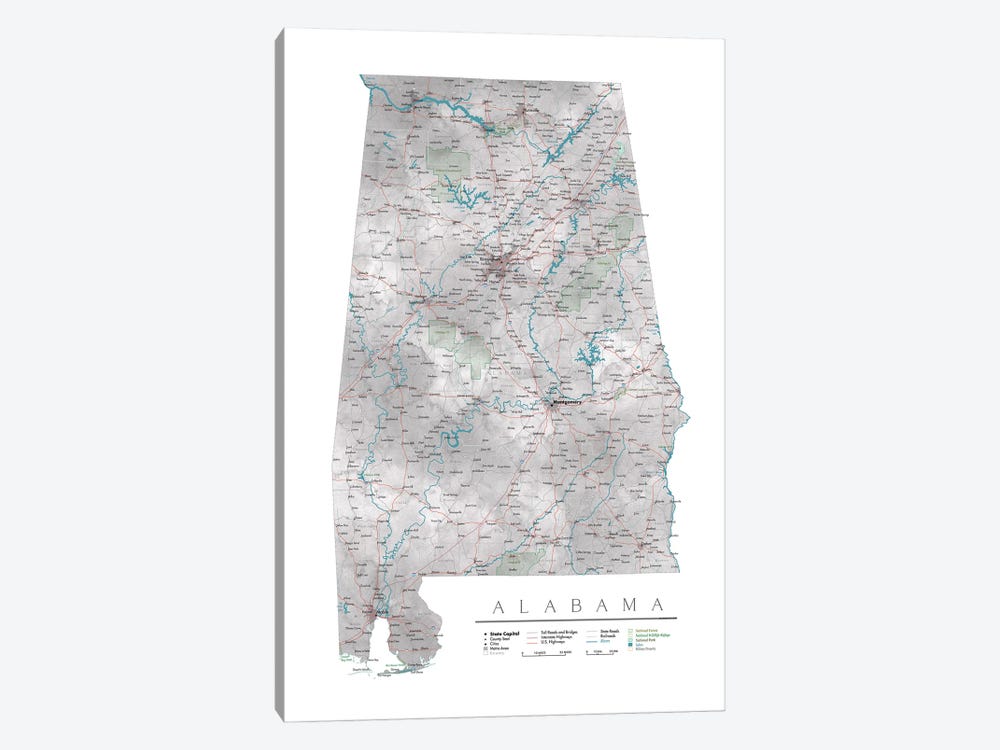 Detailed Map Of Alabama by blursbyai 1-piece Art Print