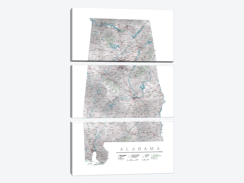 Detailed Map Of Alabama by blursbyai 3-piece Art Print