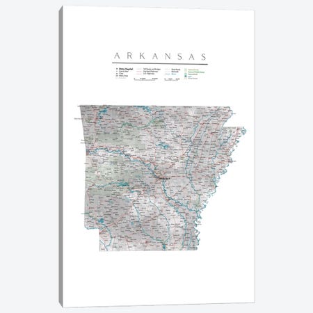 Detailed Map Of Arkansas Canvas Print #RLZ460} by blursbyai Canvas Print