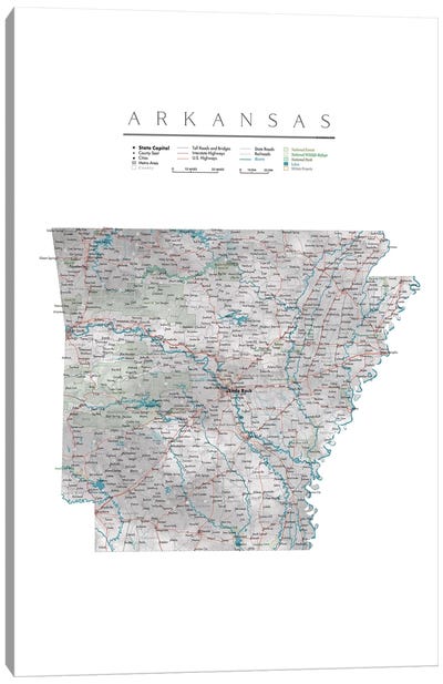 Detailed Map Of Arkansas Canvas Art Print - Arkansas