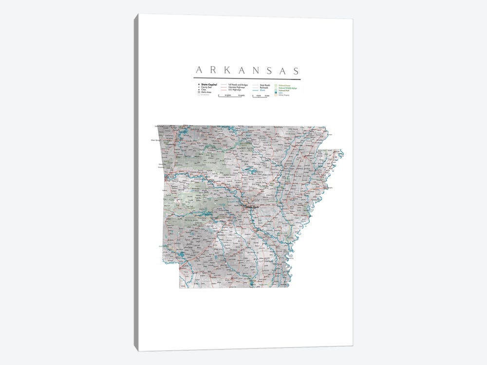 Detailed Map Of Arkansas by blursbyai 1-piece Canvas Print