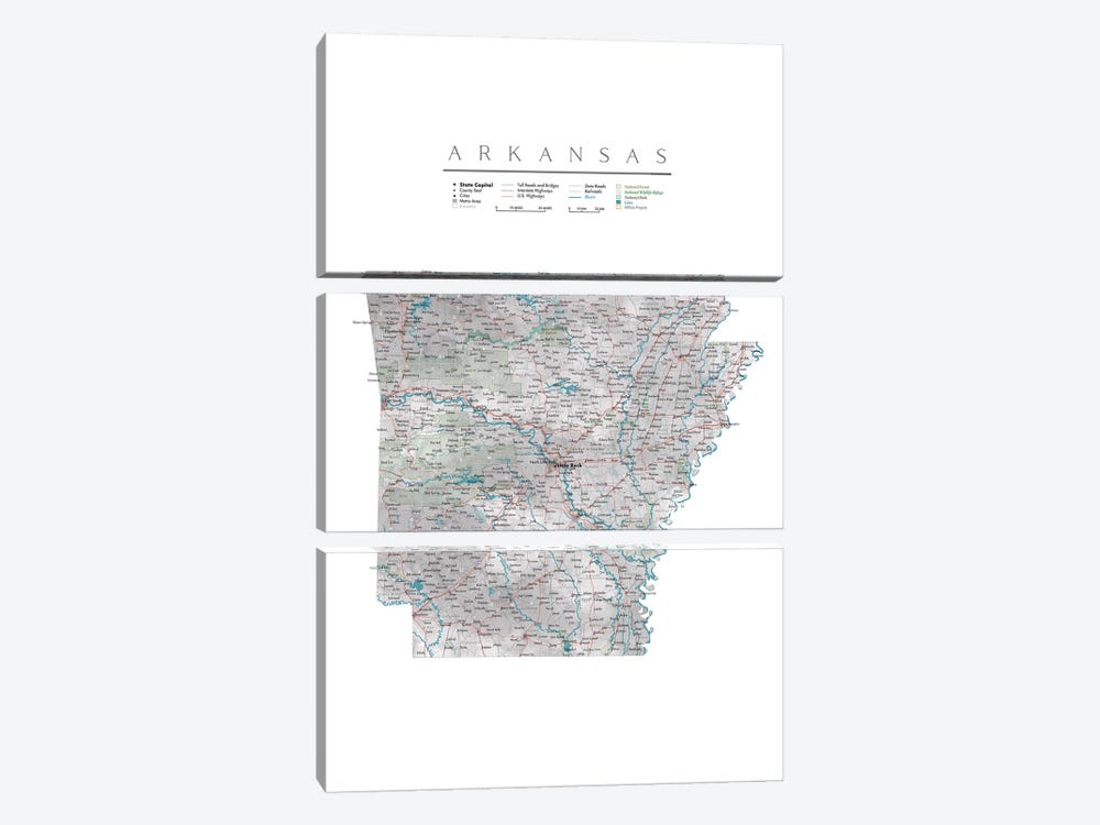Detailed Map Of Arkansas by blursbyai 3-piece Canvas Print
