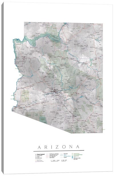 Detailed Map Of Arizona Canvas Art Print - State Maps