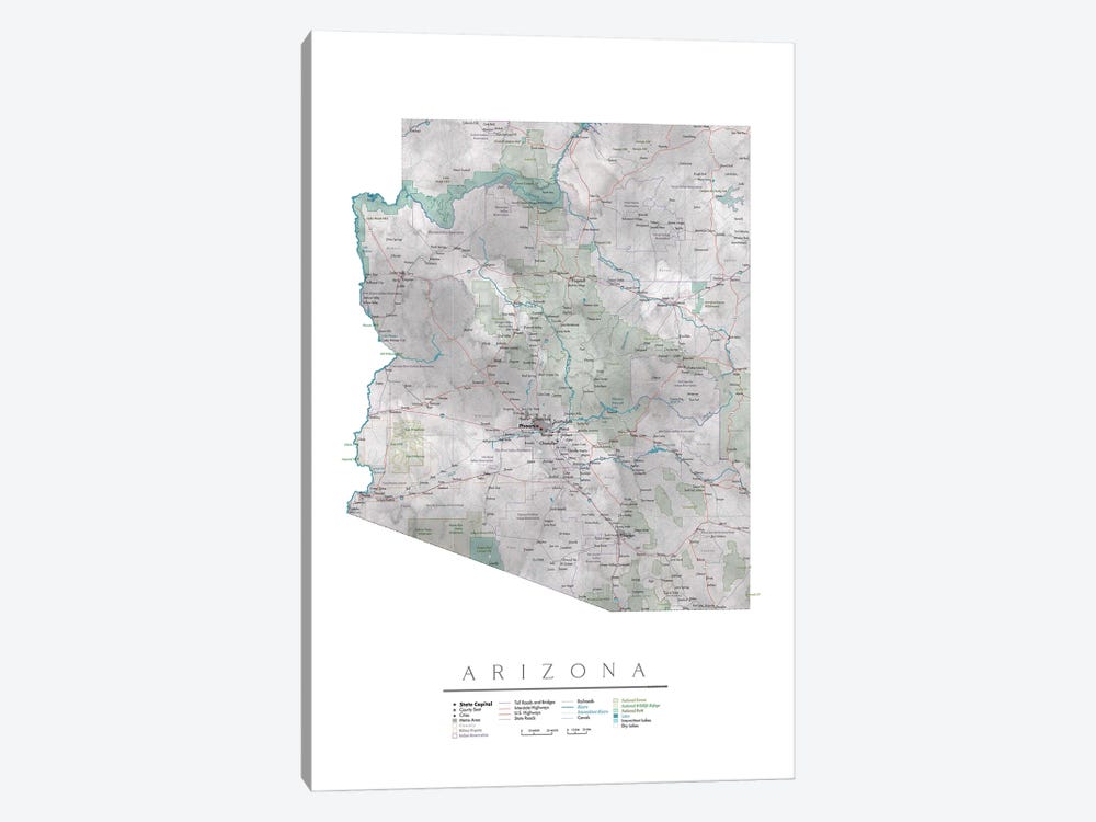 Detailed Map Of Arizona by blursbyai 1-piece Canvas Artwork