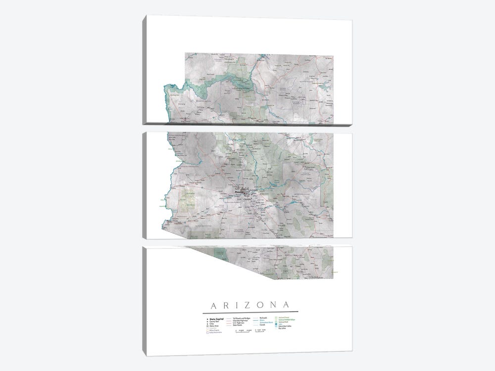 Detailed Map Of Arizona by blursbyai 3-piece Canvas Art