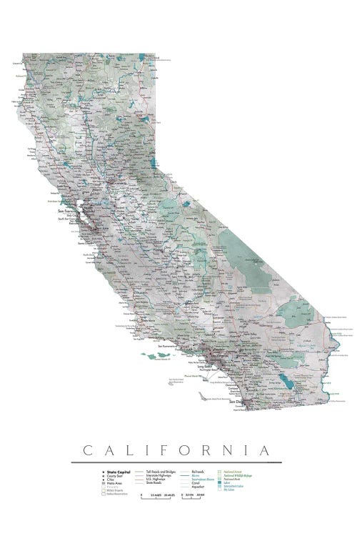 Detailed Map Of California by blursbyai canvas print