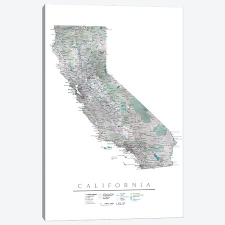 Detailed Map Of California Canvas Print #RLZ462} by blursbyai Canvas Art Print