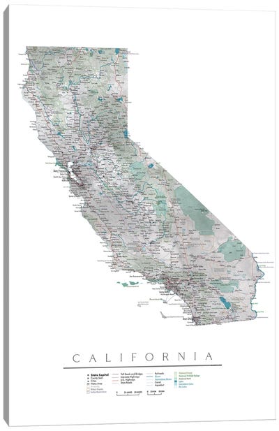 Detailed Map Of California Canvas Art Print - State Maps