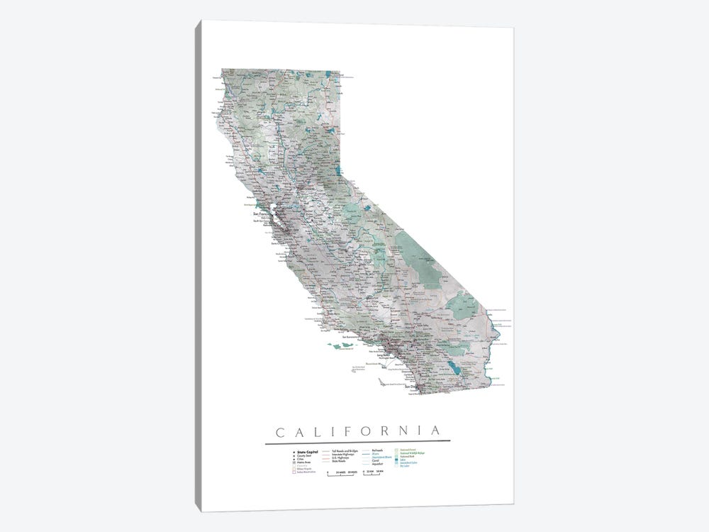 Detailed Map Of California by blursbyai 1-piece Art Print