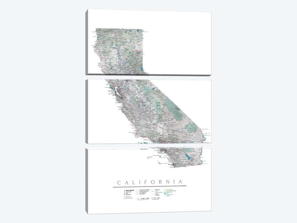 Detailed Map Of California by blursbyai 3-piece Canvas Print