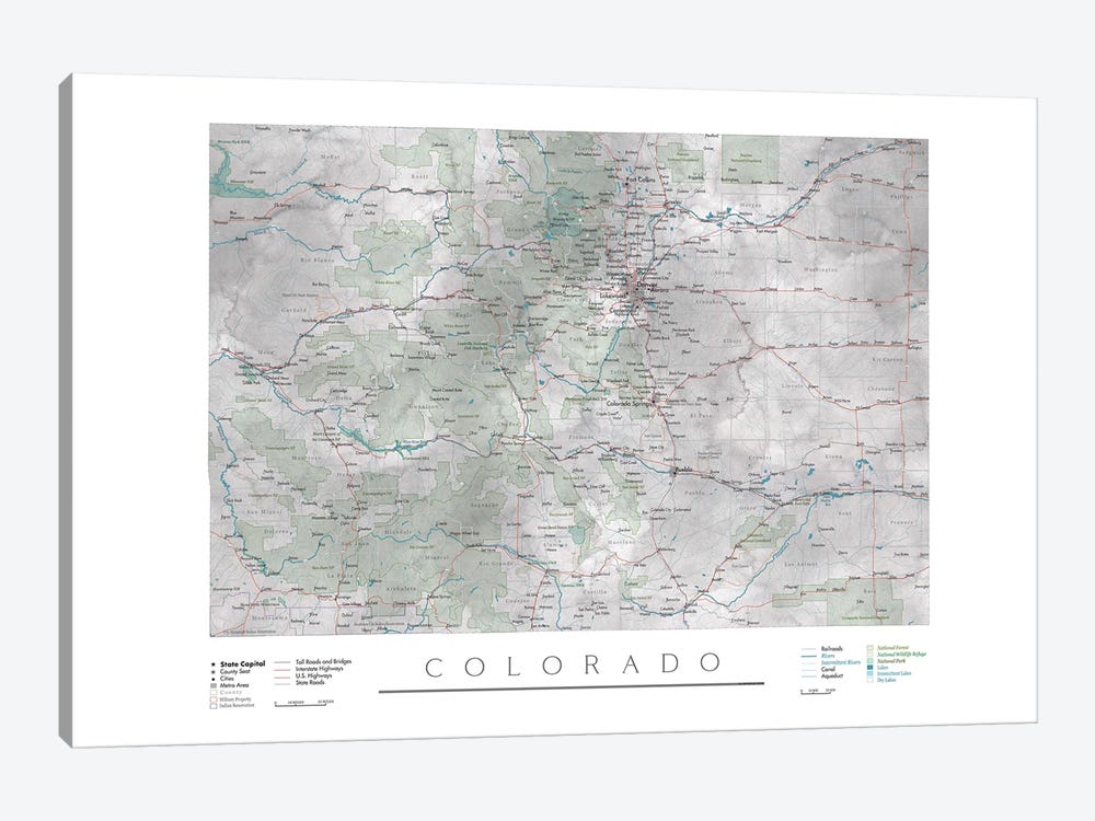 Detailed Map Of Colorado by blursbyai 1-piece Canvas Art