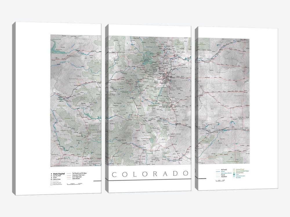 Detailed Map Of Colorado by blursbyai 3-piece Canvas Art