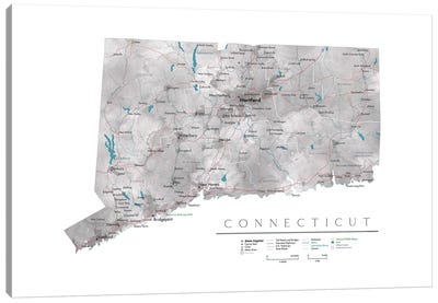Detailed Map Of Connecticut Canvas Art Print - Connecticut Art