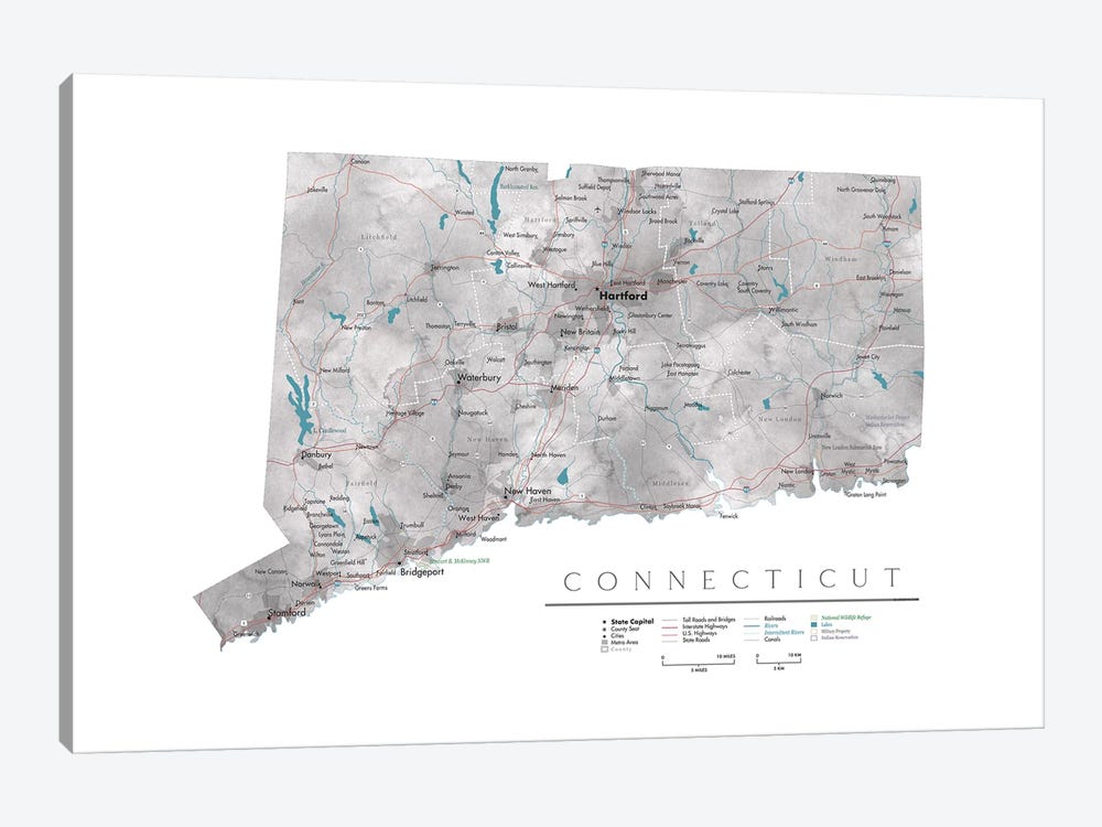 Detailed Map Of Connecticut by blursbyai 1-piece Canvas Art Print
