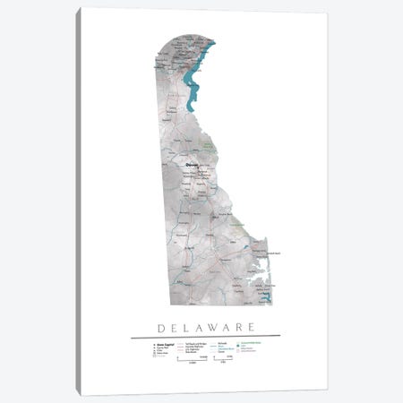 Detailed Map Of Delaware Canvas Print #RLZ465} by blursbyai Canvas Artwork