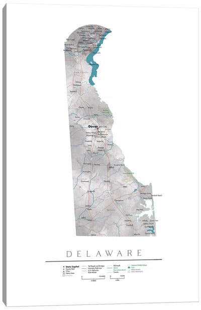 Detailed Map Of Delaware Canvas Art Print - Delaware Art
