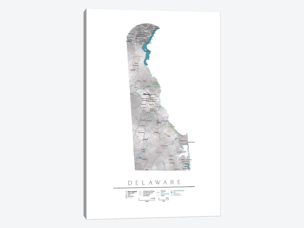 Detailed Map Of Delaware by blursbyai 1-piece Canvas Art