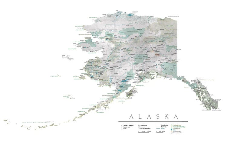 Detailed Map Of Alaska by blursbyai canvas print