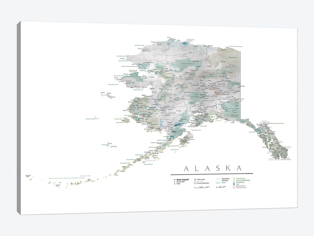 Detailed Map Of Alaska by blursbyai 1-piece Canvas Art