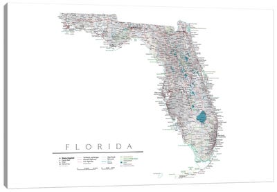 Detailed Map Of Florida, USA Canvas Art Print - Best Selling Map Art
