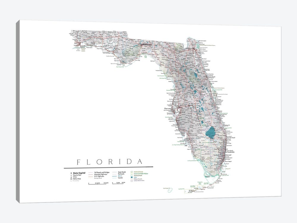Detailed Map Of Florida, USA by blursbyai 1-piece Canvas Wall Art