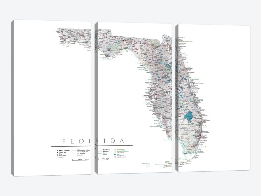 Detailed Map Of Florida, USA by blursbyai 3-piece Canvas Art