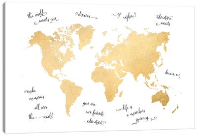 Inspirational Quotes Gold World Map Canvas Art Print - World Map Art