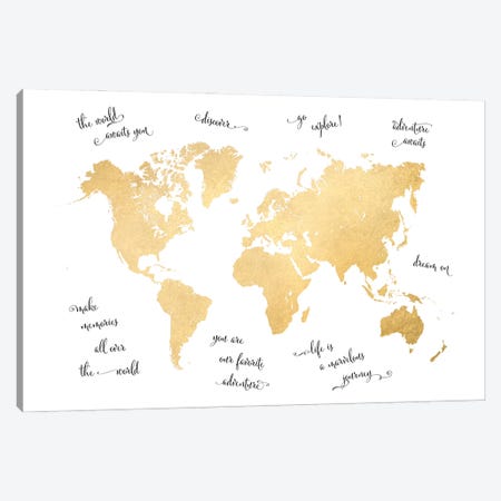 Inspirational Quotes Gold World Map Canvas Print #RLZ476} by blursbyai Canvas Art Print