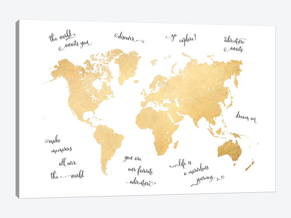 Inspirational Quotes Gold World Map by blursbyai 1-piece Canvas Artwork