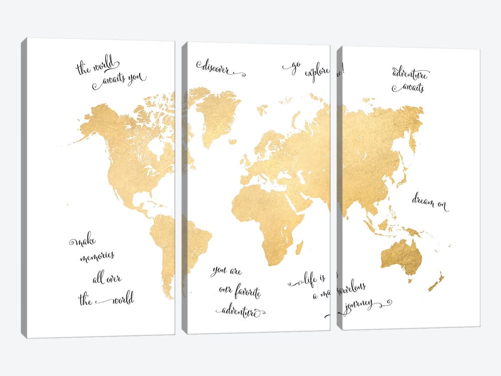 Inspirational Quotes Gold World Map by blursbyai 3-piece Canvas Art