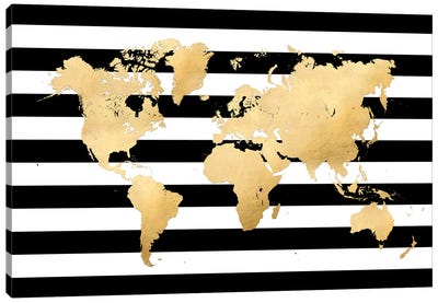 Gold World Map Silhouette In Black And White Stripes Canvas Art Print - World Map Art