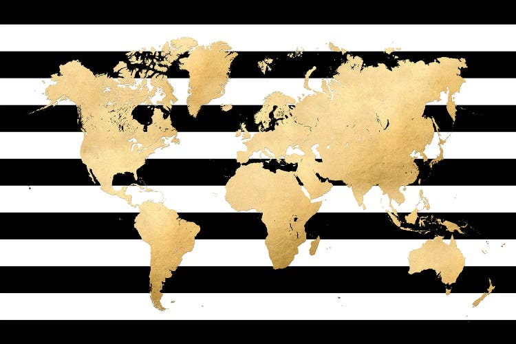 Gold World Map Silhouette In Black And White Stripes by blursbyai wall art