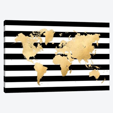 Gold World Map Silhouette In Black And White Stripes Canvas Print #RLZ477} by blursbyai Art Print