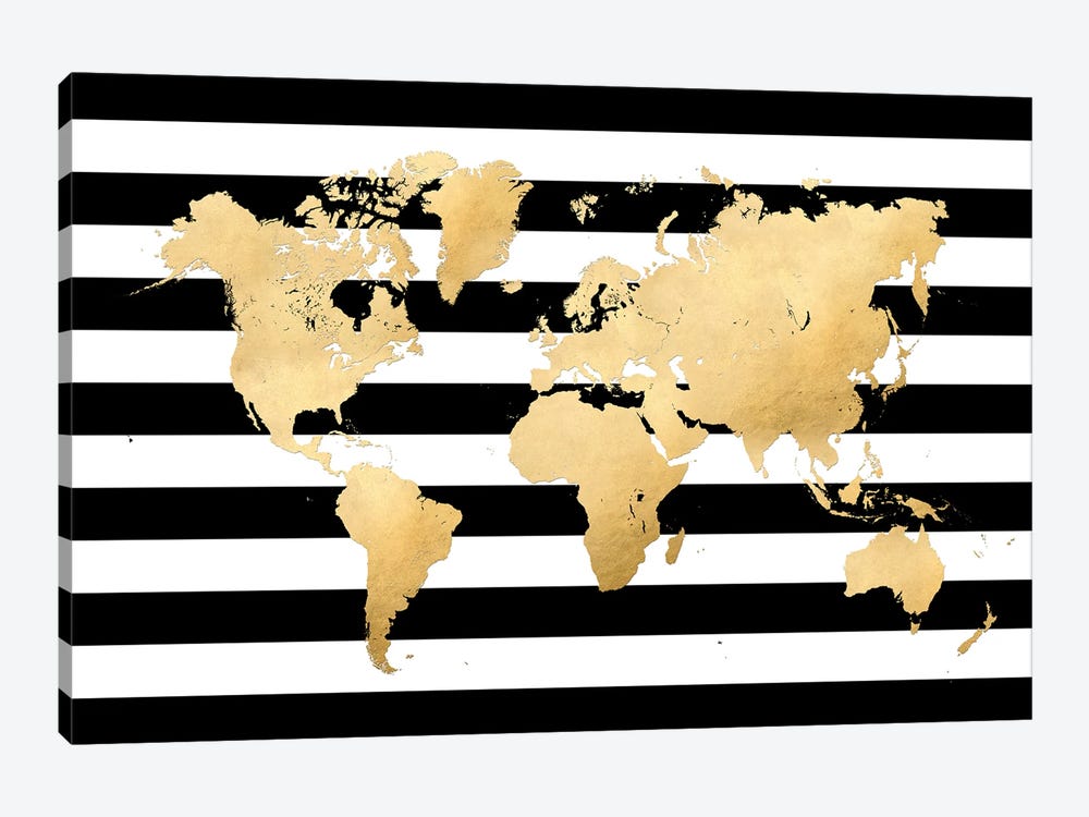 Gold World Map Silhouette In Black And White Stripes by blursbyai 1-piece Canvas Print