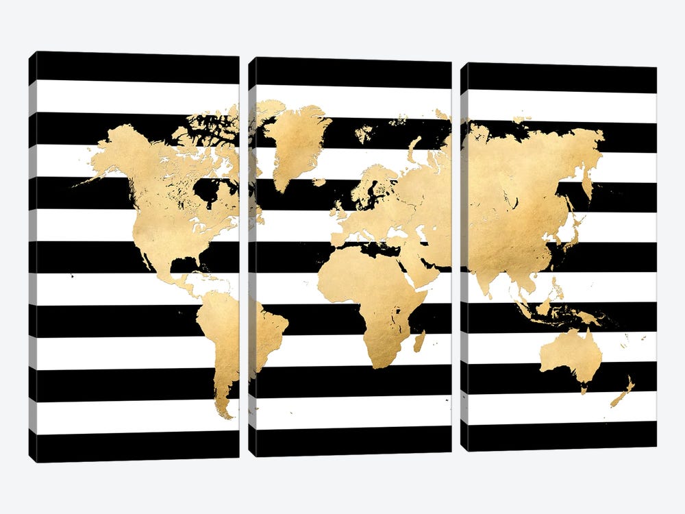 Gold World Map Silhouette In Black And White Stripes by blursbyai 3-piece Art Print