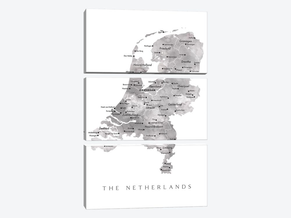 Watercolor Map Of The Netherlands With Cities by blursbyai 3-piece Canvas Print