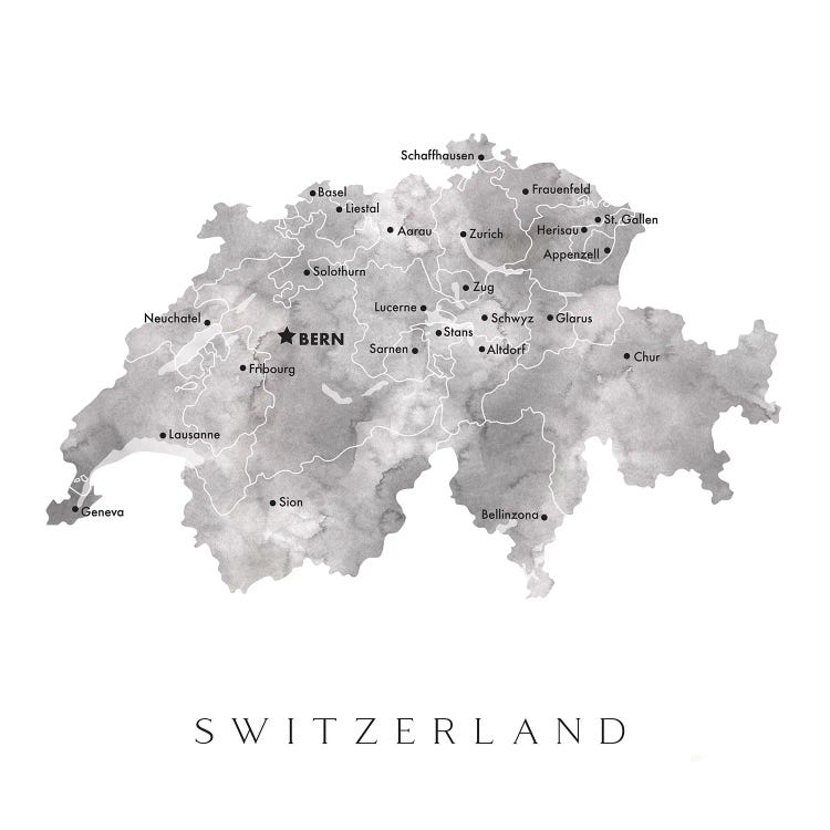 Gray Watercolor Map Of Switzerland