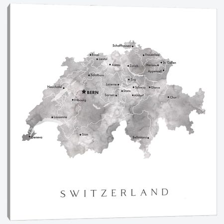 Gray Watercolor Map Of Switzerland Canvas Print #RLZ483} by blursbyai Canvas Art Print