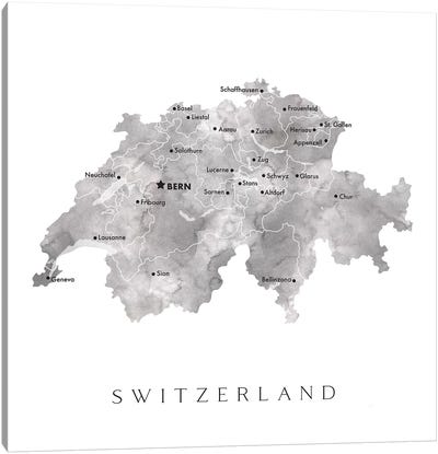 Gray Watercolor Map Of Switzerland Canvas Art Print - Switzerland Art