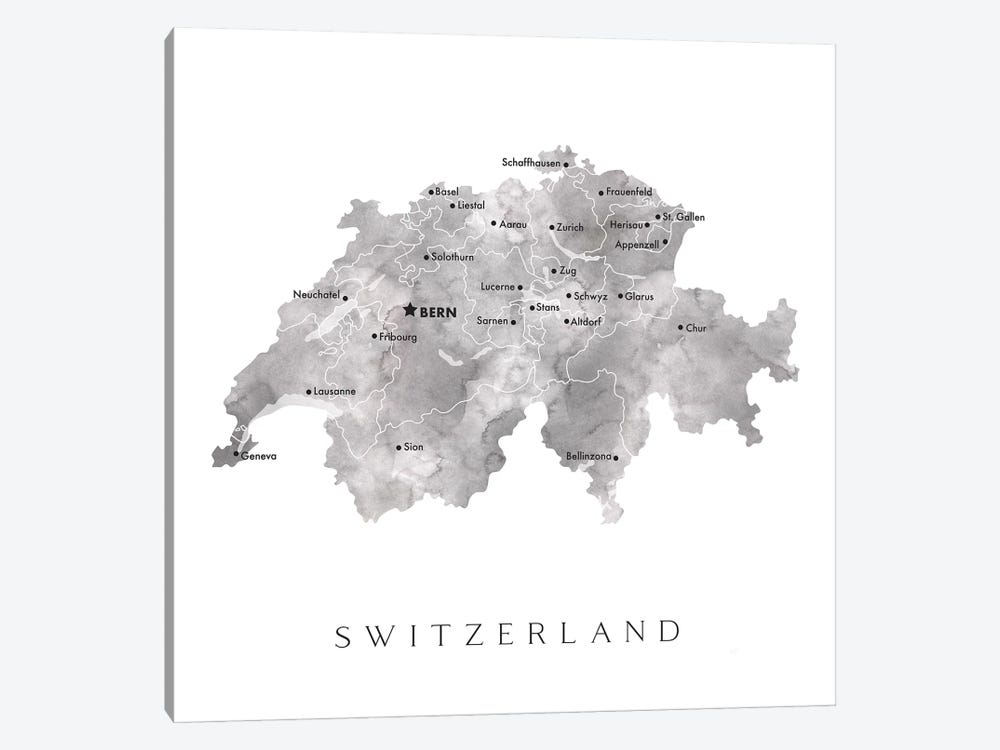 Gray Watercolor Map Of Switzerland by blursbyai 1-piece Canvas Artwork