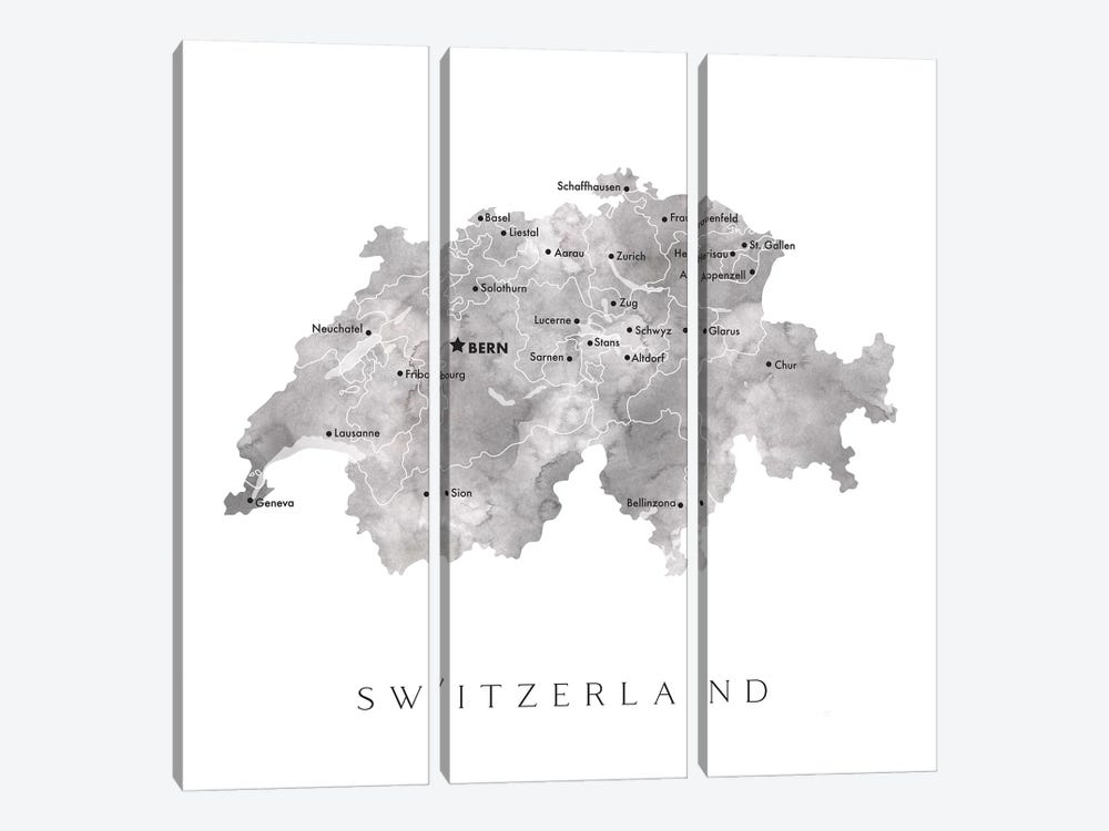 Gray Watercolor Map Of Switzerland by blursbyai 3-piece Canvas Wall Art