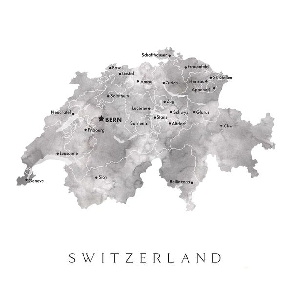 blursbyai: Gray Watercolor Map Of Switzerland by blursbyai