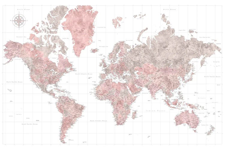 World Map In Dusty Pink And Gray With Compass