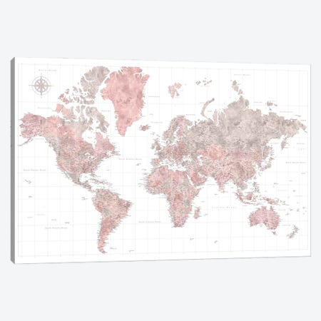 World Map In Dusty Pink And Gray With Compass Canvas Print #RLZ484} by blursbyai Canvas Art